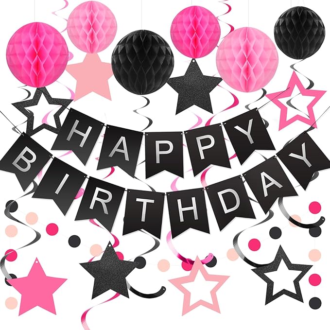 meowtastic Birthday Decorations, Happy Birthday Banner with Honeycomb Balls, Stars Hanging Swirl Streamers, Circle Dots Garland, Happy Birthday Party Decorations for Women Men Boys Girls (Black&Pink)