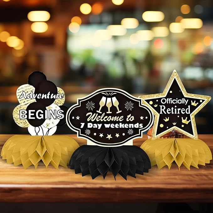 9PCS Retirement Party Decorations, KSKSPE Retirement Centerpieces for Table,Black and Gold Retirement Table Decorations, Retirement Decor for Retirement Party Retirement Party Supplies Men and Women