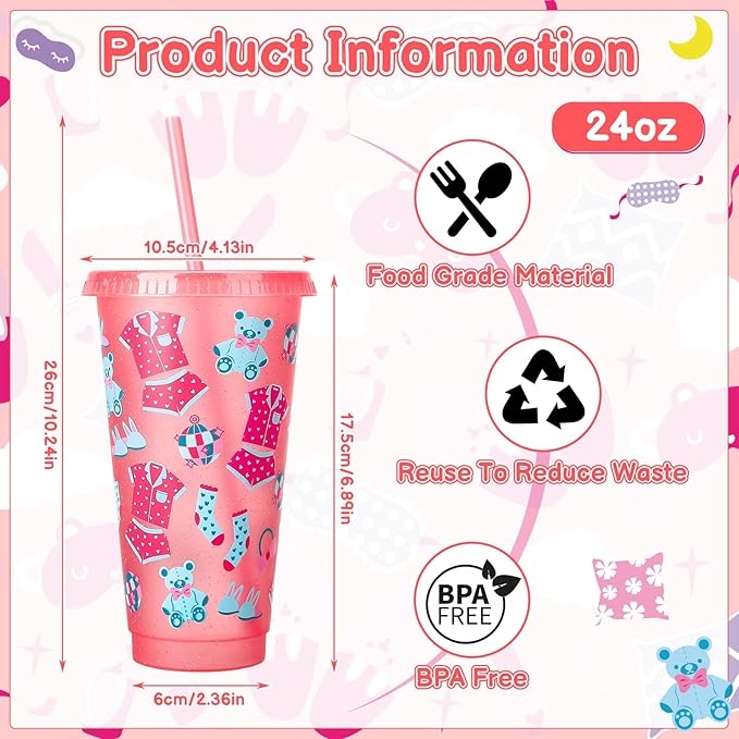 12 Pcs Sleepover Party Cups with Lids and Straws, 24 oz Glitter Iced Coffee Tumbler Sleepover Party Supplies for Girls