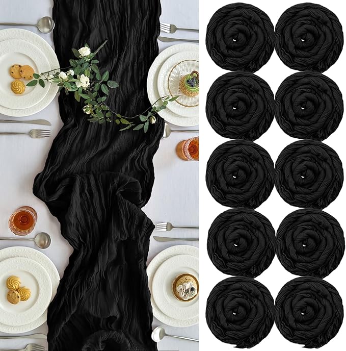 IVAPUPU 10 Pcs Cheesecloth Table Runner - 10ft Black Easter Spring Boho Gauze Black Cheese Cloth Table Runners for Baby Shower Decoration Wedding Party Garden Farmhouse Decor
