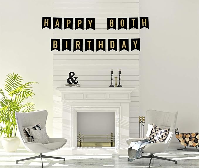 Andaz Press Faux Gold Glitter on Black Birthday Party Banner Decorations, Happy 80th Birthday, Approx 5-Feet, 1-Set, Milestone Colored Hanging Pennant Decor