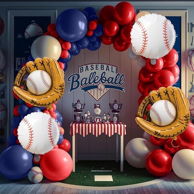 Baseball Birthday Party Decorations, Navy Blue Red Nude Balloon Arch with Baseball Glove Foil Balloons for Boys Girls Summer Birthdays Party Baseball Themed Party Decorations