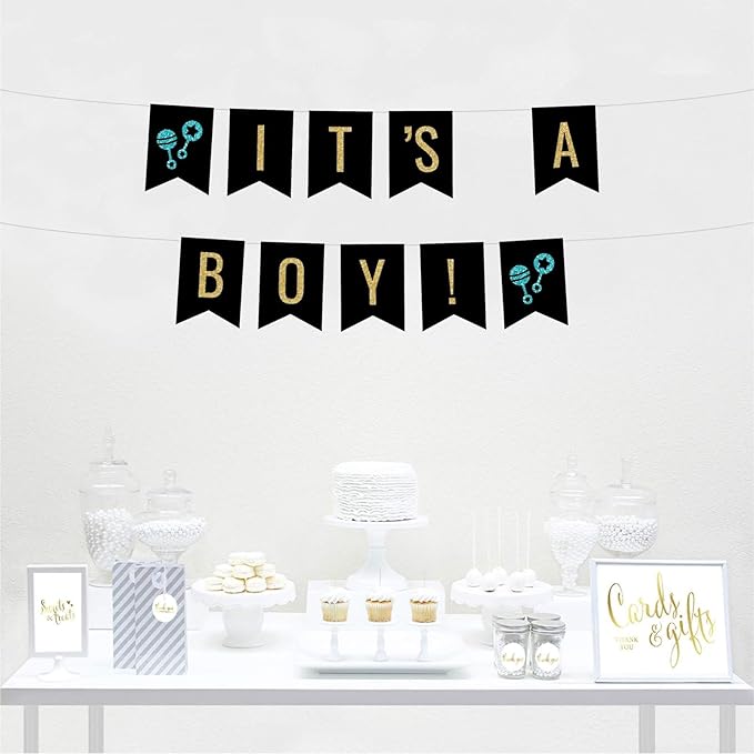 Andaz Press Faux Gold Glitter on Black Baby Shower Party Banner Decorations, It's a Boy!, Approx 5-Feet, 1-Set, Colored Hanging Pennant Decor