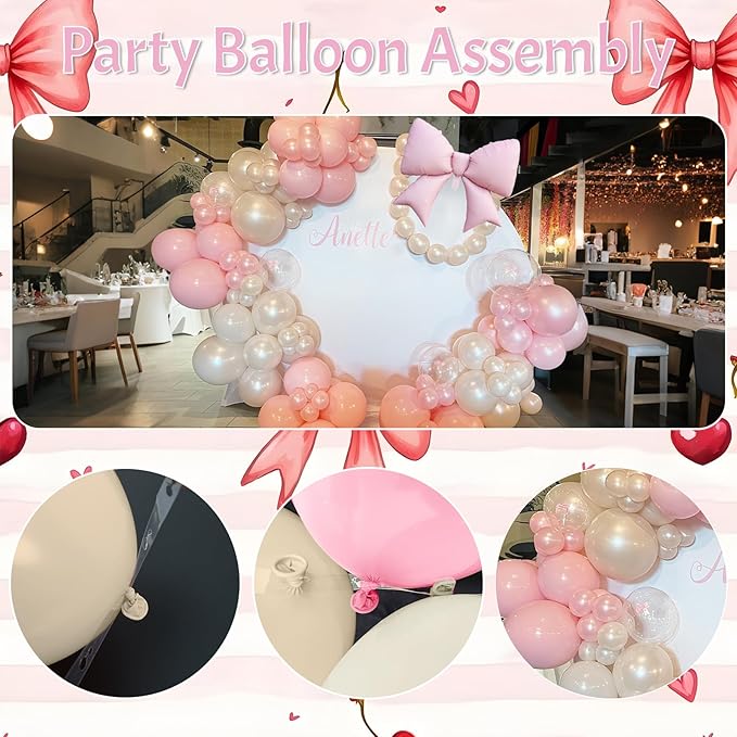 Double Stuffed Pearl White and Pink Balloon Arch Garland Kit, Pearl White Beige with Pink Bow Foil Balloons for Girls Women Wedding Bridal Baby Shower Bachelorette Coquette Birthday Party Decorations