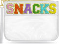 Chenille Letter Clear Travel Zipper Pouch Nylon Makeup Bag, Preppy Makeup Bag Clear Cosmetic Toiletry Bag, Water-proof Makeup Travel Pouch Snack Bags for Women (White-Snacks)