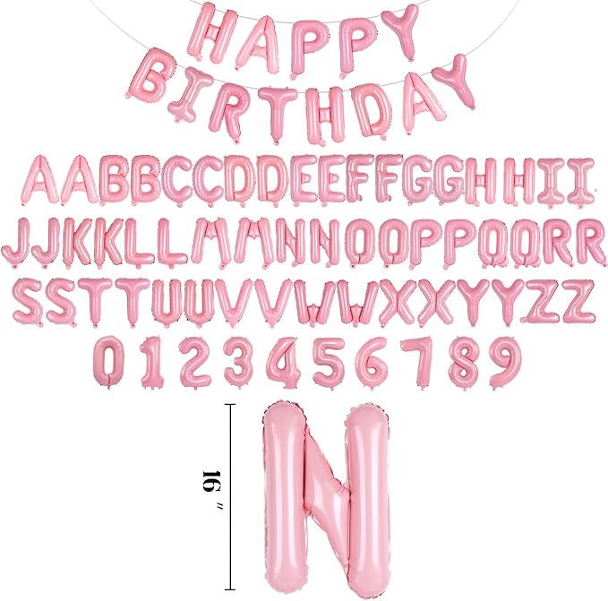 75pcs 16" Happy Birthday Balloon Banner, Pink Balloons Letters, Personalized Mylar Foil Birthday Decorations includes 2 Sets A- Z, 1 set Number 0-9 "HAPPY BIRTHDAY" letters