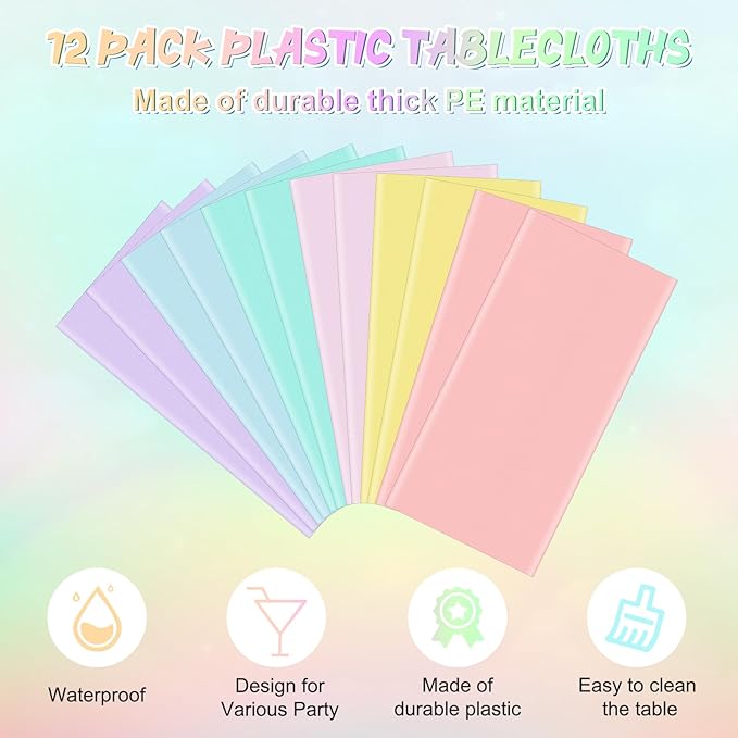 12Pcs Pastel Tablecloths, Rainbow Mix Color Plastic Tablecloth Disposable Rectangle Table Covers for Baby Shower,Bridal,Wedding, Easter,Birthday and Ice Cream Party Decoration, 54 x 108 Inch