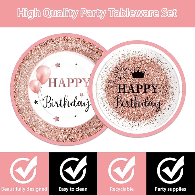 175-Piece Pink Rose Gold Birthday Party Supplies for 25 Guests – Disposable Plates, Cups, Napkins & Cutlery Set, Elegant Princess Party Tableware