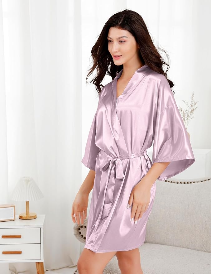 EPLAZA Women's One Size Silver Rhinestones Bride Bridesmaid Short Satin Robes for Wedding Party Getting Ready