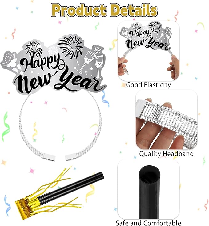 Openfly New Years Eve Party Supplies 2026 Happy New Year Headband Tiara New Year Fringed Noise Makers Party Favors