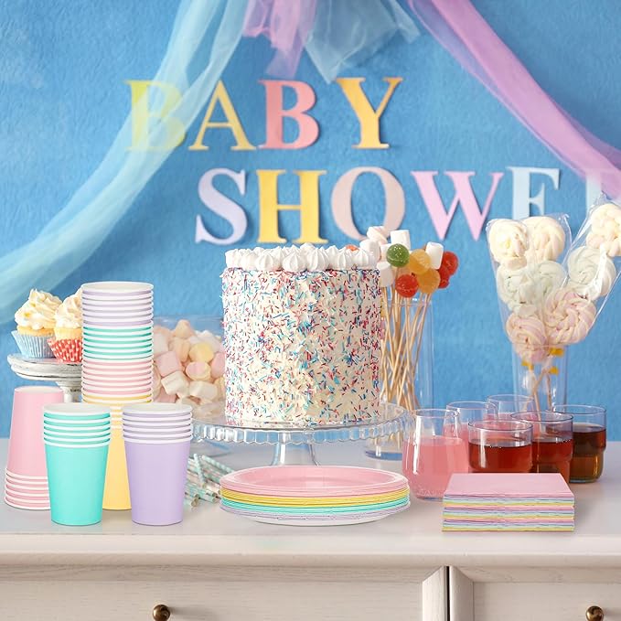 meekoo 72 Pcs Pastel Party Supplies Disposable 7" Pastel Paper Plates Napkins Paper Cups Serve 24 Guests, Macaron Color Tableware Sets for Birthday Wedding Baby Shower Party Decoration