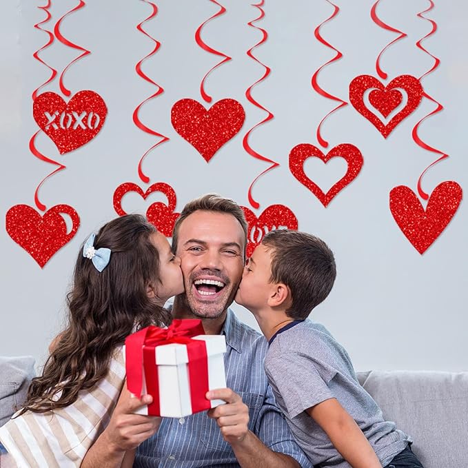 Red Heart Swirls Party-Decorations - 16Pcs Romantic Special Night Galentines Hanging Streamers Garland,Valentines Girl Wedding Anniversary Baby Bridal Shower Birthday Decor Supplies Hugtmr