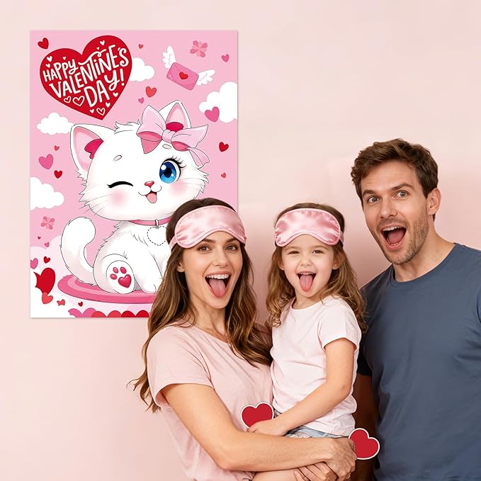 Valentine Games - Pin The Heart Game with Large Poster, 48 Reusable Heart Stickers, 2 Eye Masks & Adhesive Dots - Valentine's Day Party Supplies