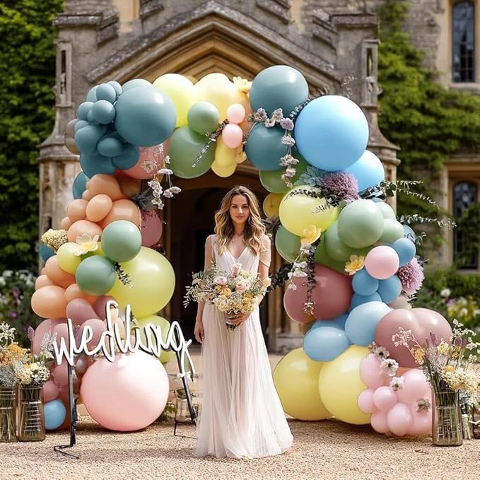 Pink Blue Green Balloon Arch Kit with Artificial Flowers, Double Stuffed Light Baby Yellow Pink Blue Green Pastel Floral Balloon Garland for Baby Shower Wedding Birthday Easter Fairy Tea Party Decor