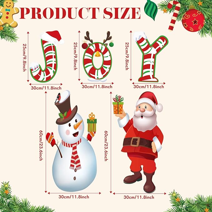 Macarrie Outdoor Christmas Decoration - 5 Pieces Joy Yard Sign with Lights String, Xmas Santa Snowman Lawn Stakes for Outside Holiday Walkway Party Decor