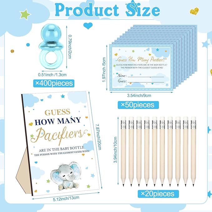 Syhood Blue Color Elephant Theme Baby Shower Games Guess How Many Pacifiers Game Sign 50 Small Guessing Games 20 HB Pencils 750 ml Milk Bottle 400 Pacifiers Decorations Guests Gender Reveal Party