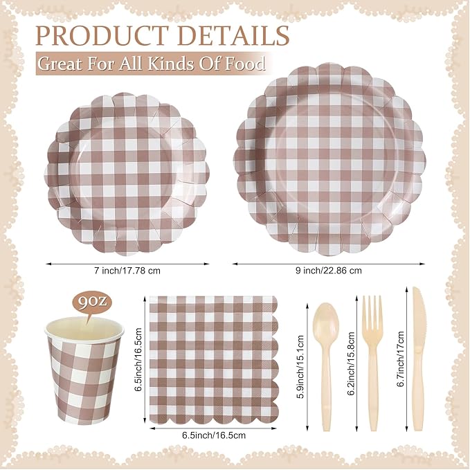 Yaomiao 168 Pcs Gingham Plates and Napkins Beige Plaid Disposable Dinnerware Sets Brown Gingham Plates Cups Napkin Knife Fork Spoon Serve 25 Guests for Wedding Baby Shower Birthday Party Supplies
