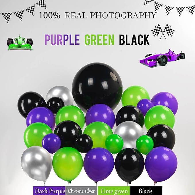 Monster Truck Theme Birthday Decorations include Purple Green Black Balloons Ribbon Arch Cake Paper Card Toppers Tablecloth Backdrop Truck Birthday Decor for Boys Racing Party Decoration Supplies