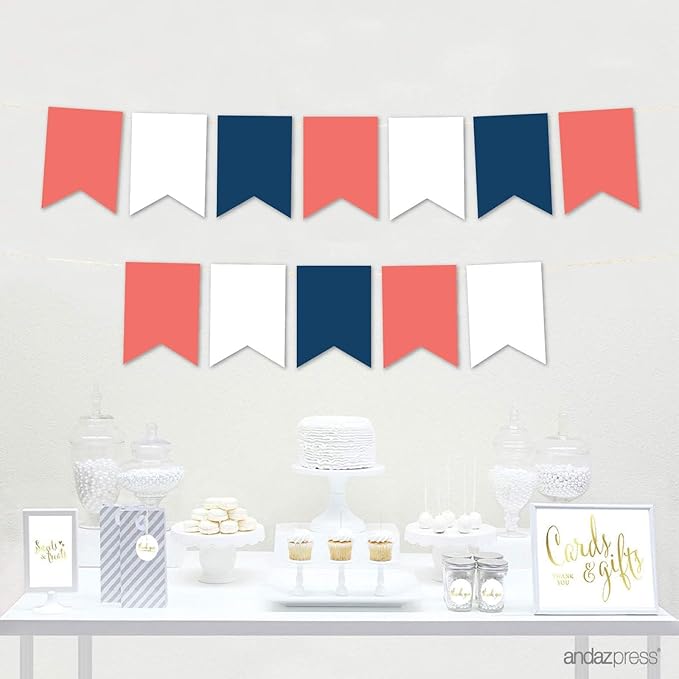Andaz Press Hanging Pennant Banner with String, Coral, Navy, White, 1-Set, 24 Pennants, Approx. 12-Feet Long, Nautical Bridal Shower