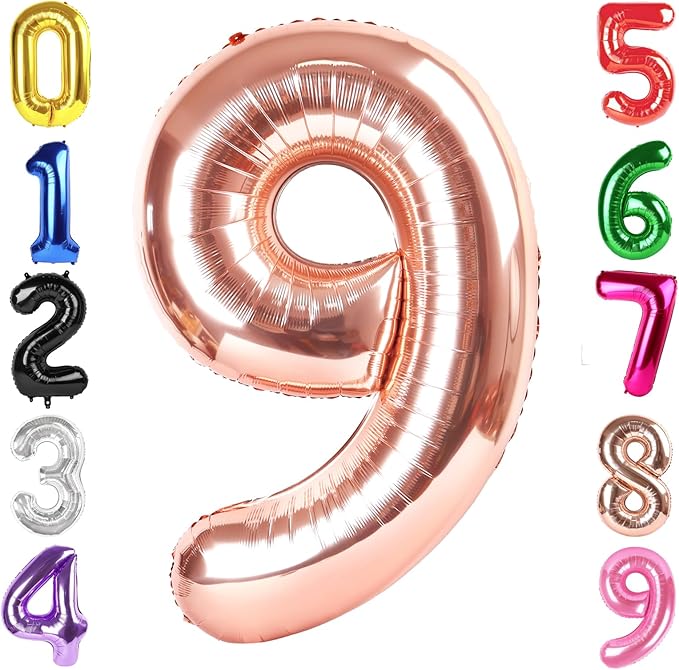 40 Inch Rose Gold Number 9 Balloon, Giant 9 Number Balloons for 9th Birthday Decorations, Party Supplies for Baby Boy Girl, Rose Gold Party Decor