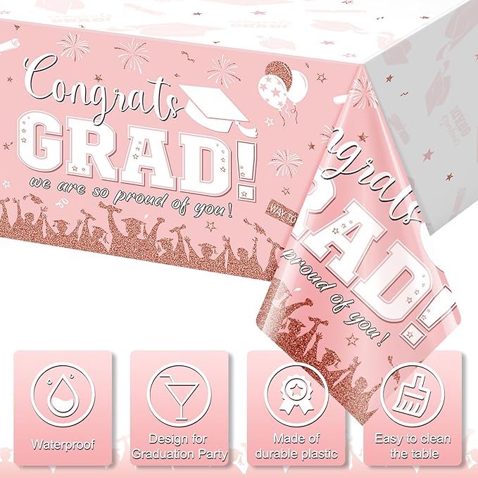 3 Pack Graduation Tablecloth Party Decorations, Class of 2026 Congrats Grad Plastic Tablecover Party Supplies, Pink Rectangle Graduation Table Decorations for College High School Party, 54 x 108 Inch
