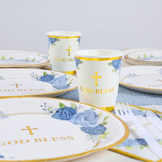 Religious Party Plates for 24 Guests - Baptism, First Communion, Confirmation (Blue)