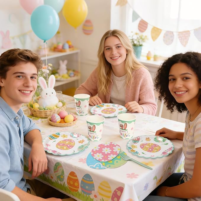 Easter Plates Party Supplies - 168Pcs Bunny Paper Plates and Egg Napkins Cups Cutlery Serve for 24 Happy Easter Rabbit Party Decorations Table Decor