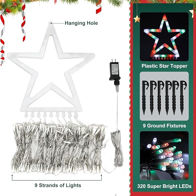 Christmas Decoration Lights, Outdoor Christmas String Lights 320 LED 11.5 Ft Waterfall Tree Light with Big Star Topper 8 Light Modes for Xmas New Year Holiday Garden Yard Indoor Outdoor Decor