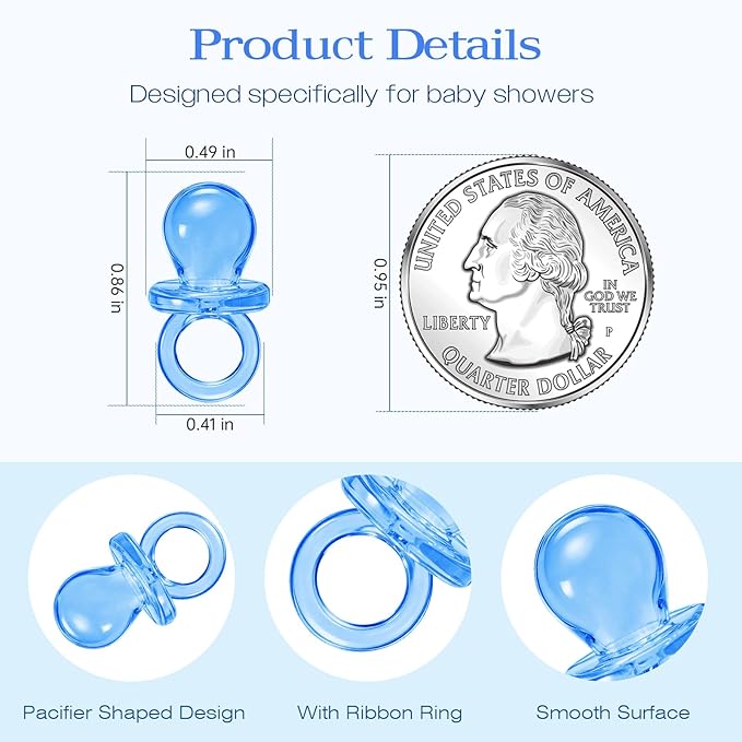 150 Mini Acrylic Pacifiers for Baby Shower Game, 0.86 Inch Bulk Chupones para Gender Reveal Party Favors Table Decoration (Blue)