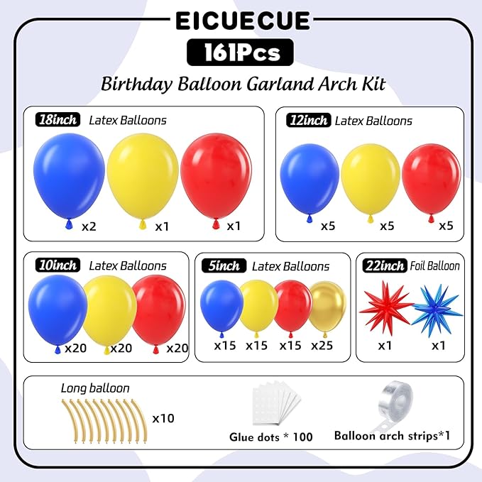 Red Blue Yellow Balloon Garland Arch Kit - 161Pcs Cartoon Hedgehog Theme Primary Color with Gold Circle Explosion Star Foil Balloons for Boys Kids Carnival Circus Birthday Party Decorations