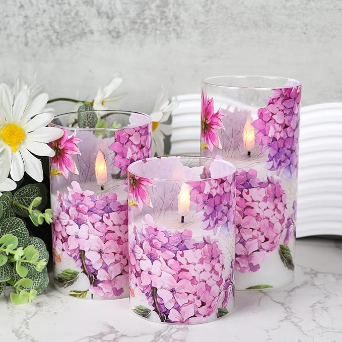 Glass Flameless Candles with Remote Timer, Pink Hydrangeas Decals Battery Led Pillar Candles Flickering Real Wax Pack of 3 for Mother's Day Gift, Wedding Dinner Home Decor, Φ 3" H 4" 5" 6"