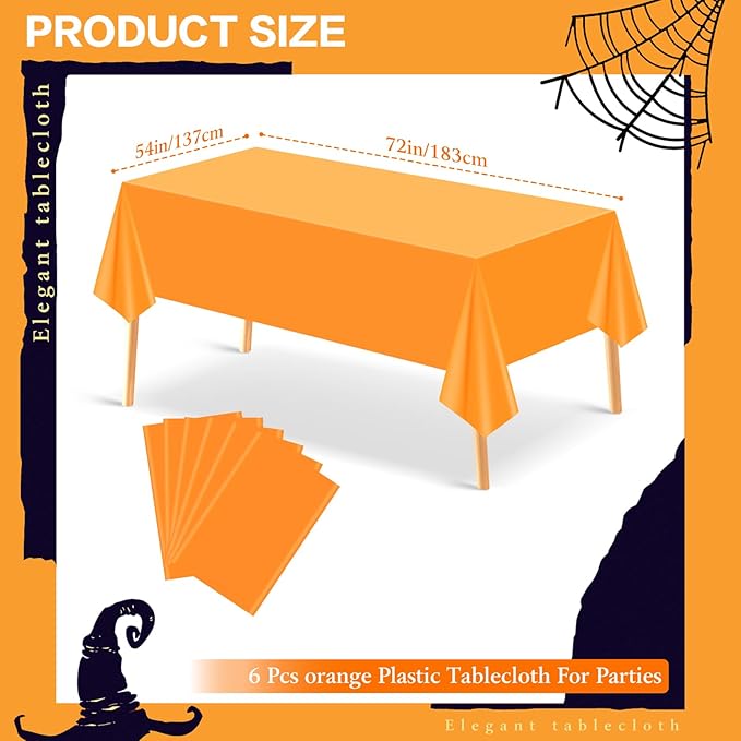 mwellewm 6Pcs Plastic Table Cloth Disposable, Orange Tablecloth Rectangle Bulk Solid Table Cover for Birthday Wedding Graduation Picnic Fiesta Home Party Decorations
