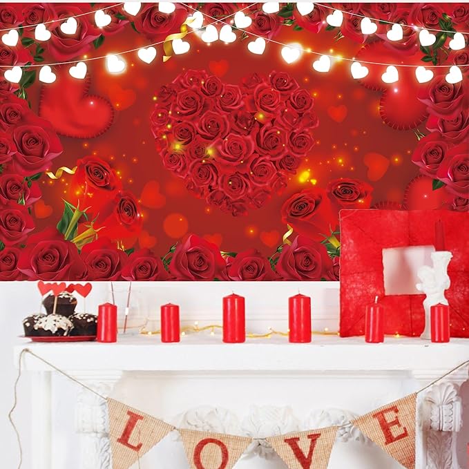 Red Rose Flowers Backdrop Floral Heart Light Photography Background Hanging Banner Decoration for Wedding Anniversary Mother's Birthday Party Supplies 72.8 * 43.3in