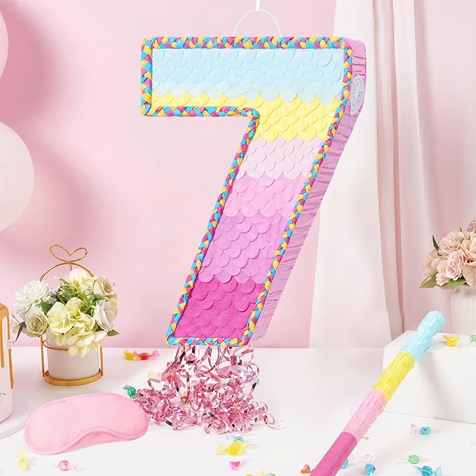 WERNNSAI Number 7 Piñata – Pink 7th Birthday Party Decorations Rainbow Ombre Seven Piñata for kids girls with Blindfold and Stick for 7 Year Birthday Supplies Princess Anniversary Decoration