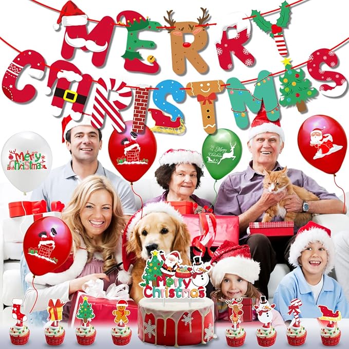 43pcs Christmas Party Decorations Merry Christmas Banner elk Ballons Snowman Santa Cake Topper for Xmas Decorations Indoor Home Decor