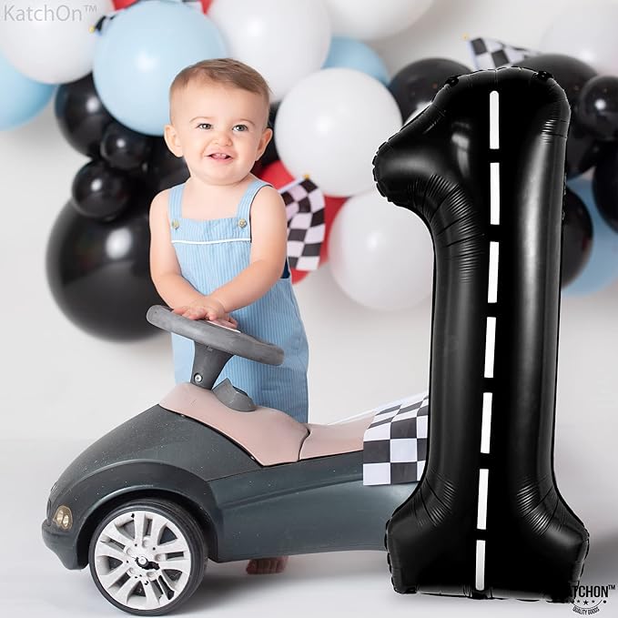 KatchOn, Giant, Checkered 1 Balloon - 40 Inch | Black Number 1 Road Balloon | Fast One Birthday Decorations for Boys | One Happy Dude Balloons, 1 Happy Dude Birthday Decorations | Race Car 1 Balloon
