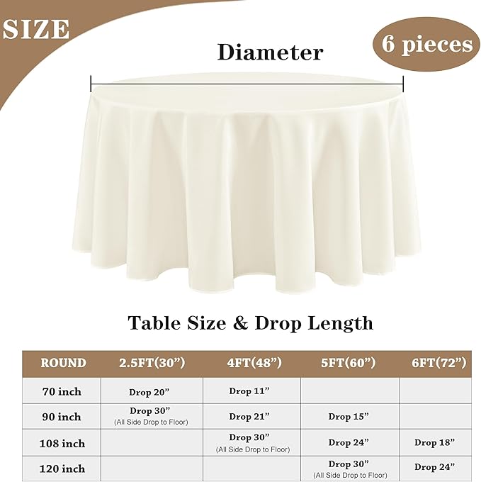Fitable 6 Pack Ivory Tablecloths for Round Tables-108 Inches in Diameter-Stain Resistant and Washable Table Clothes,Polyester Fabric Covers Wedding,Party,Banquet,Formal Events (130g-QW6P-108Ivory)
