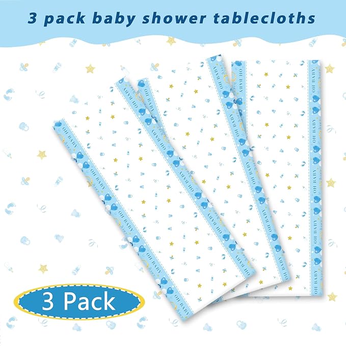Tevxj 3 Pack Baby Shower Tablecloths Plastic Blue Baby Boy Shower Decorations Gender Reveal Party It's A Boy Table Covers for Baby Boy Birthday Shower Party Supplies, 54 x 108 Inch