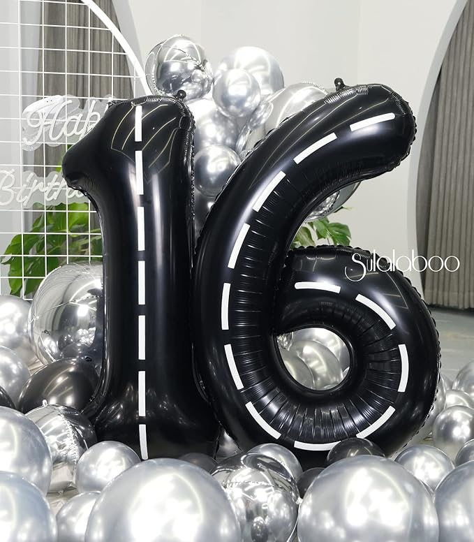 Race Car 40Inch Black 16 Balloon Number Large Helium Race Track 0-9 Giant Digital 16th Foil Mylar Big Party Number Balloons for Boy Birthday Car Theme Party Anniversary Graduation Decorations