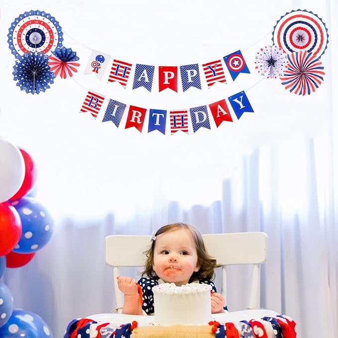 Zwiebeco Red Blue White Happy Birthday Party Decorations Banner Bunting Garland Hanging Paper Fan Kit for Boys Kids Captain America Spiderman Superhero Theme Accessories Supplies