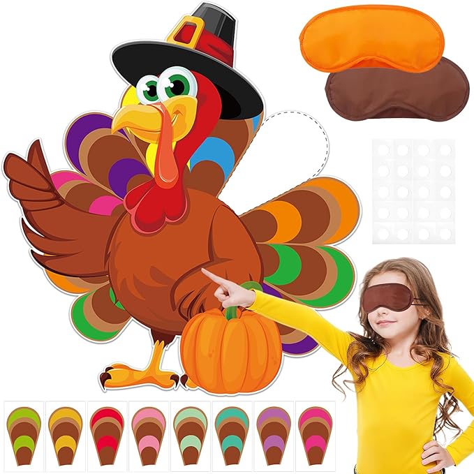AUGSUN Lare Thanksgiving Party Games for Kids Pin The Tail On The Turkey Game Thanksgiving Game Activities with Blindfolds and Stickers Fall Festival Autumn Party Decorations for Adults Family School