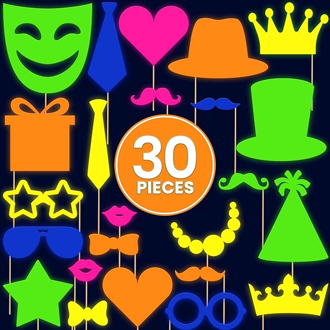KatchOn, Glow in The Dark Photo Booth Props – Pack of 30 | Neon New Years Photo Booth Props, New Years Eve Party Supplies 2026 | Glow in The Dark Party Supplies | Neon Birthday Party Decorations