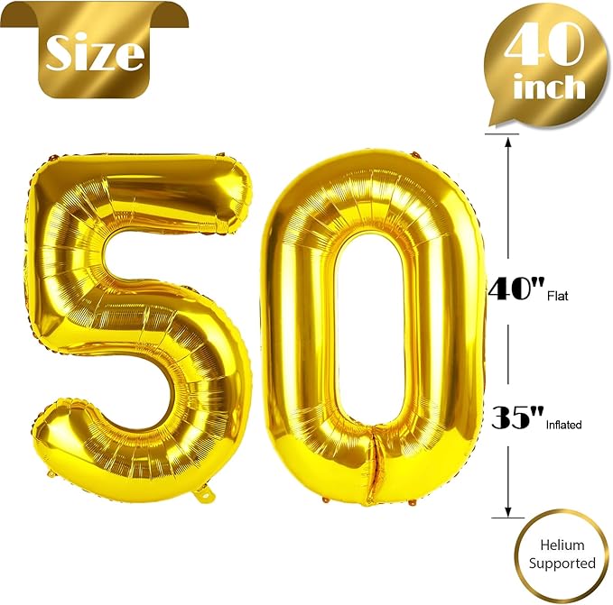 50 Balloon Number, Gold Number 50th Birthday Balloons 40 Inch, 50 Years Old Gold Birthday Decorations for Men Women, 50th Anniversary Decorations