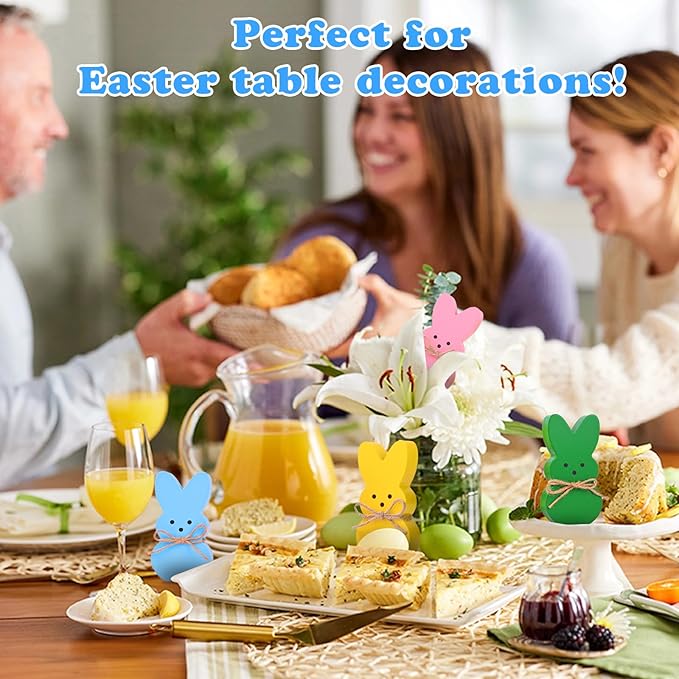 Easter Décor, 4 Pcs Wooden Peep Bunny Decorations for Tiered Tray, Mantel, Farmhouse, Cute Spring Signs for Home, Office, Party Supplies