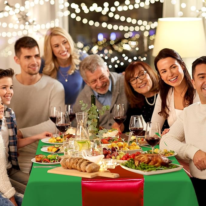 12 Pack 12x108 Inch Satin Table Runner and 84 Inch Rectangle Plastic Tablecloths Set Christmas Green and Red Disposable Table Cloth for New Year Christmas Wedding Holiday Anniversary Party Decorations
