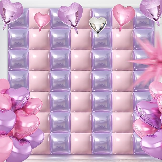 50PCS Pink and Purple Square Foil Balloon Wal Backdrop with Reusable DIY Mylar Double Side Balloons Garland Tunnel Arch Kit for Anniversary Bachelorette Game Engagement Halloween Party Decor