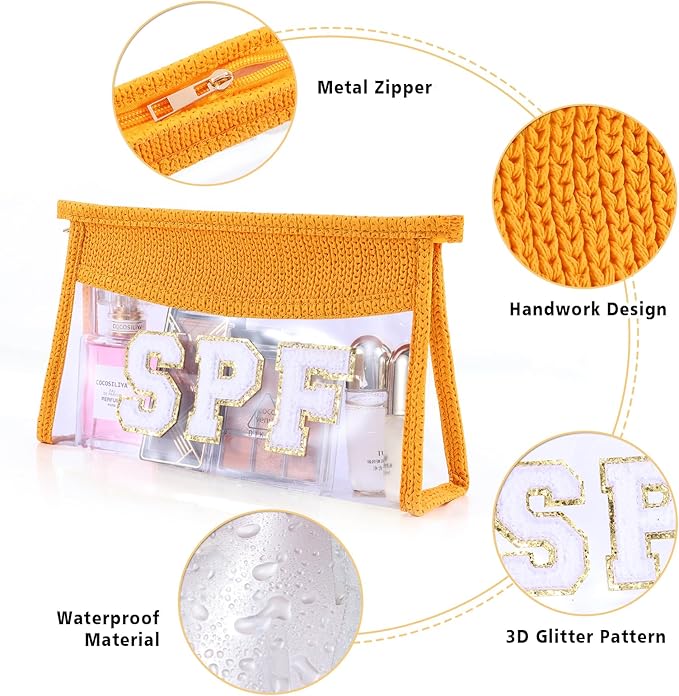 SPF Sunscreen Bag Clear Makeup Bag Chenille Letter SPF Cosmetic Zipper Pouch Summer Beach Essential Cute Toiletry Pouch Travel Accessories Gifts for Women