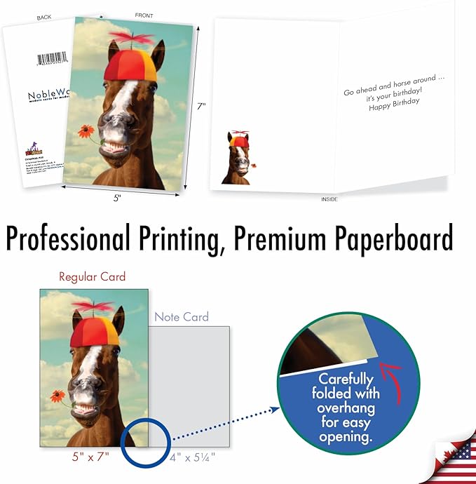 NobleWorks - 1 Happy Birthday Card with Funny Animals - Wildlife and Pet Humor, Fun Birthday Celebration Notecard - Horse Around C9304BDG