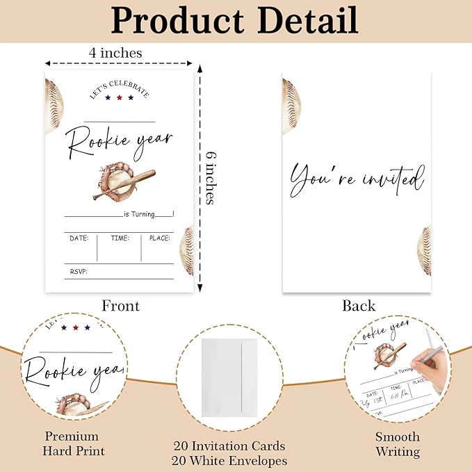 Rookie Year First Birthday Invitations, 1st Invites for Girls Boys, 20 Pcs Double-Sided Fill In Invitations with Envelopes, Birthday Party Favor & Supplies 6 x 4 Inch