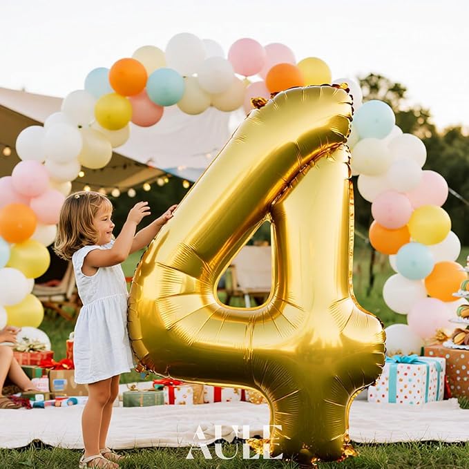 AULE 40 Inch Big Gold 4 Balloon Number Large Foil Helium Number Balloons 0-9 Jumbo Giant Happy 4th Birthday Party Decorations for Boy or Girl Huge Mylar Anniversary Party Supplies